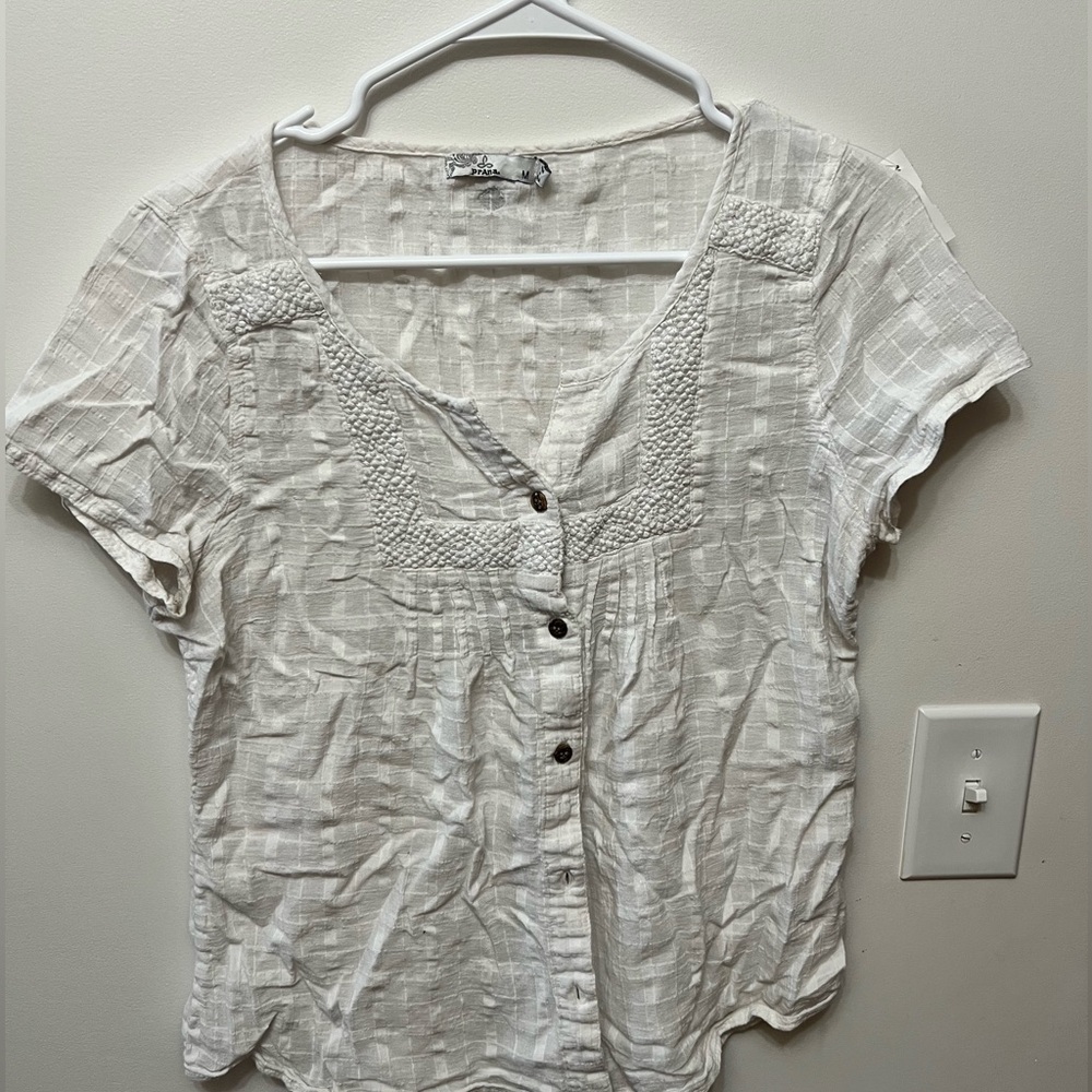 Prana White Button-Up Linen Blouse